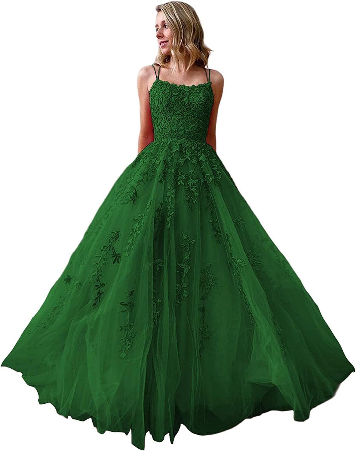 Ballkleider, langes Ballkleid für Damen, Spaghettiträger, Tüll, A-Linie, sexy, rückenfrei, formelle Partykleider mit Taschen 
