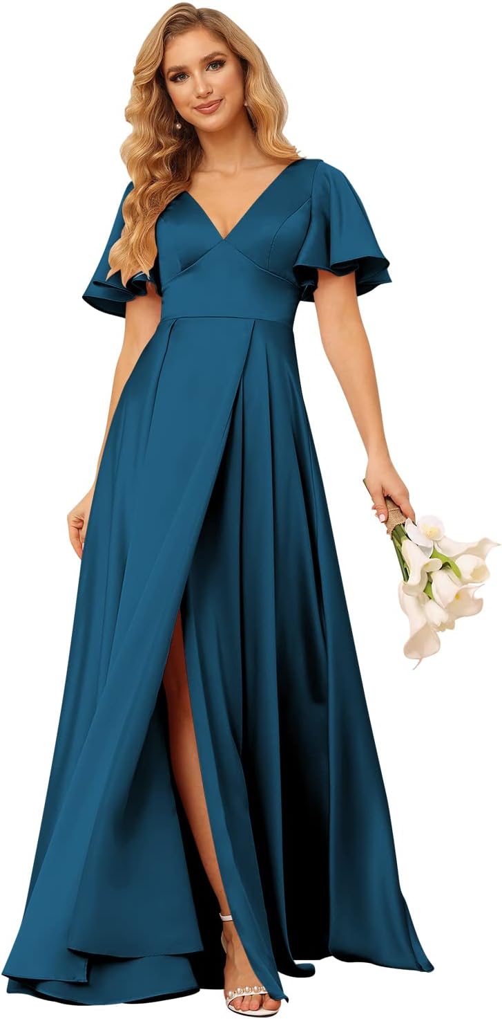 Women's V Neck Ruffle Sleeves Bridesmaid Dresses with Slit 2025 Satin A-Line Formal Evening Gowns