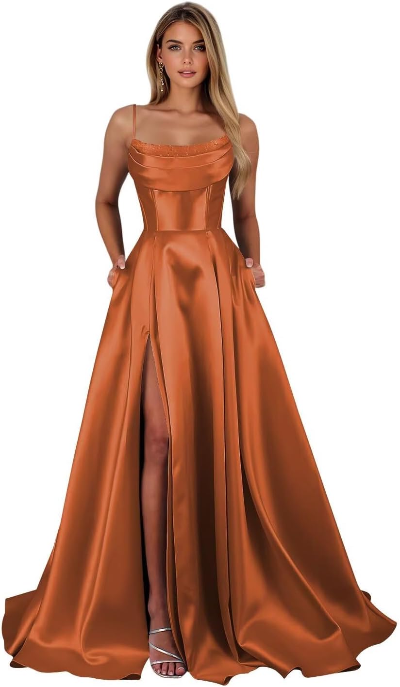 Satin Prom Dresses for Teens Long A-Line Cowl Neck Formal Evening Gown with Slit 2026 Maxi Ball Gowns