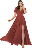 Damen Brautjungfernkleider mit Flatterärmeln, lang, mit Schlitz, V-Ausschnitt, Chiffon, formelle Kleider 