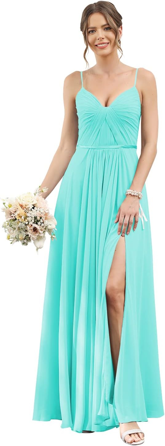 Vestidos de dama de honor largos con tirantes finos y bolsillos, plisados, formales, de noche, con abertura 