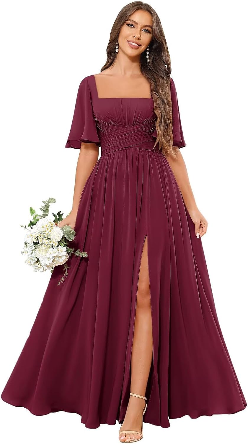 Square Neck Bridesmaid Dresses with Slit Pockets Flutter Sleeve Long Chiffon Formal Wedding Guest Dress