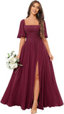 Square Neck Bridesmaid Dresses with Slit Pockets Flutter Sleeve Long Chiffon Formal Wedding Guest Dress