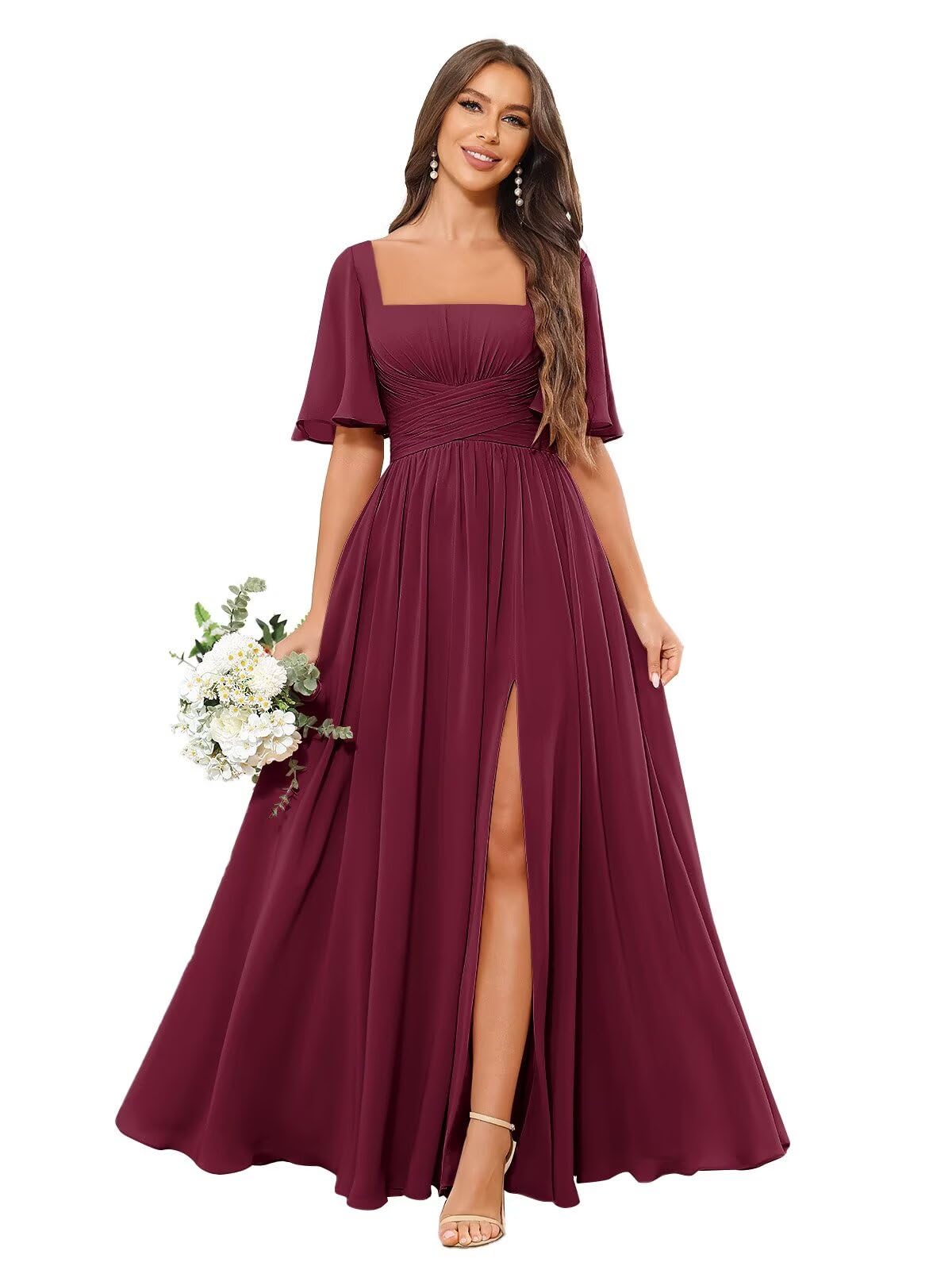 Square Neck Bridesmaid Dresses with Slit Pockets Flutter Sleeve Long Chiffon Formal Wedding Guest Dress