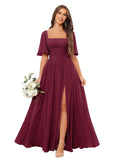 Square Neck Bridesmaid Dresses with Slit Pockets Flutter Sleeve Long Chiffon Formal Wedding Guest Dress