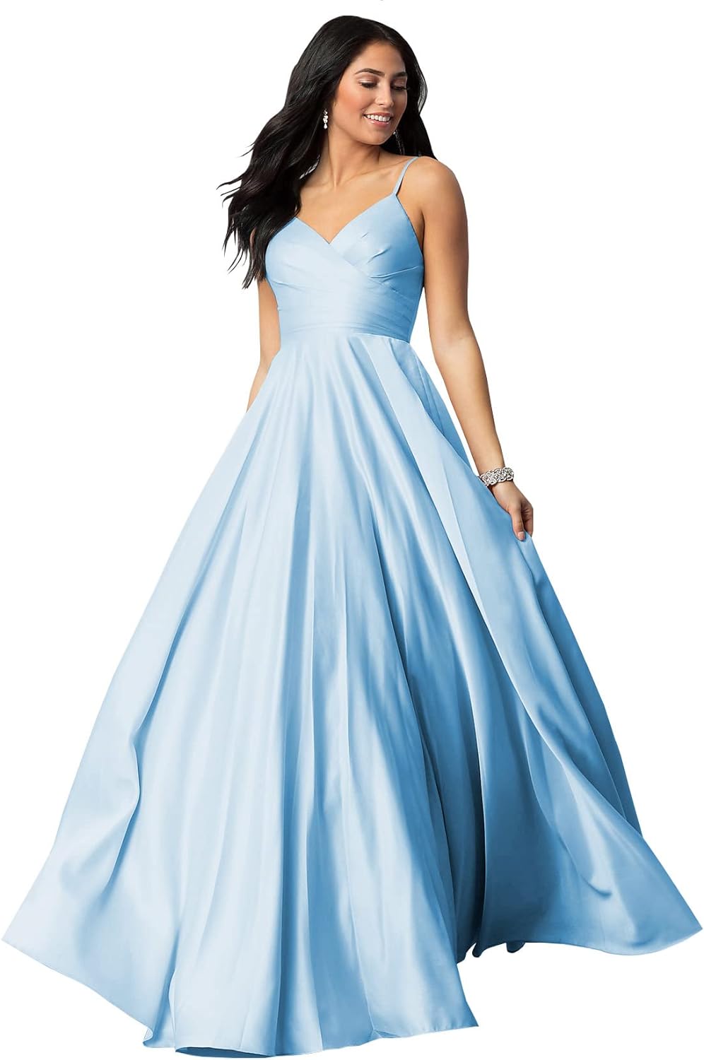 Women's Spaghetti Straps Satin Prom Dresses with Pockets V Neck Pleated Formal Evening Ball Gowns