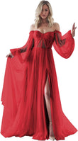 Women's Puffy Long Sleeve Prom Dresses with Slit Off Shoulder Tulle Wedding Formal Evening Gowns