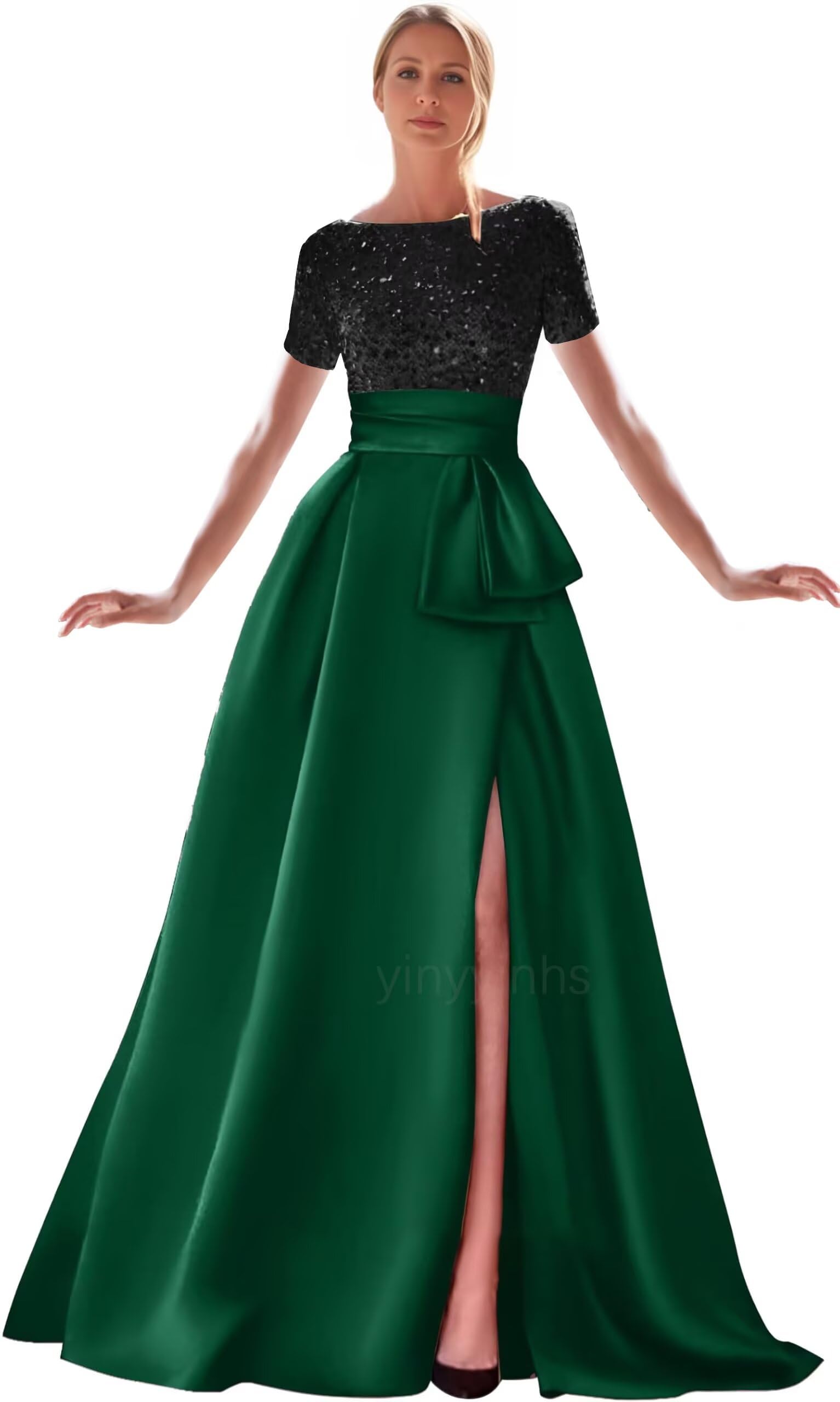 Kingbridal Gowns Short Sleeve Sequin Prom Dresses for Women 2026 Satin A-Line Sparkly Formal Evening Party Ball Gowns with Slit