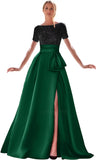 Kingbridal Gowns Short Sleeve Sequin Prom Dresses for Women 2026 Satin A-Line Sparkly Formal Evening Party Ball Gowns with Slit