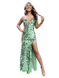 Spaghetti Straps Sequin Prom Dresses for Women Sparkly Long V Neck Mermaid Formal Evening Party Gowns with Slit