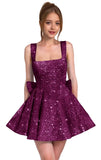 Sparkly Sequin Homecoming Dresses for Teens Short Prom Dress Square Neck Bow Formal Cocktail Gowns with Pockets