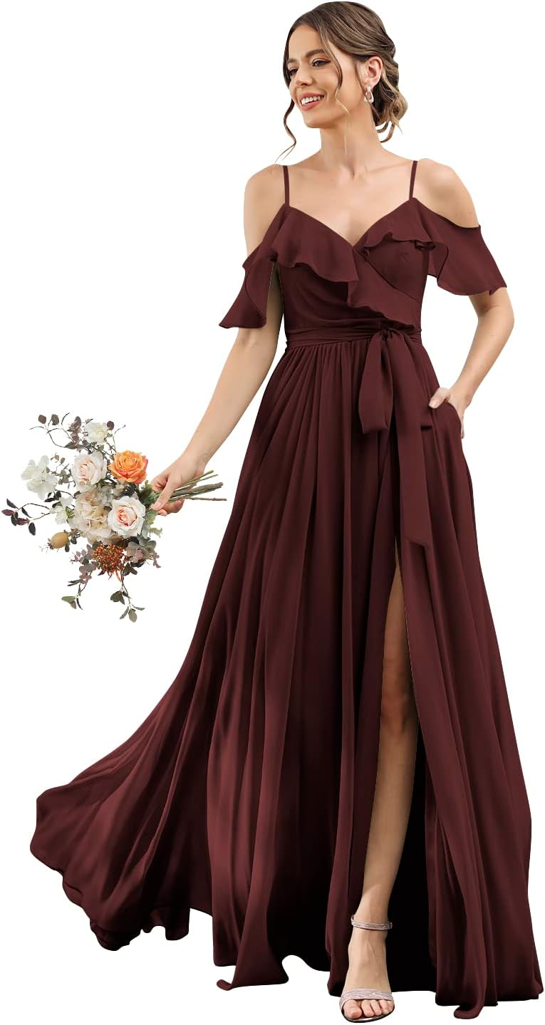 Women's Bridesmaid Dresses with Slit Long Cold Shoulder Chiffon Formal Party Dress with Pockets