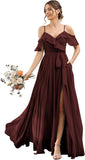 Women's Bridesmaid Dresses with Slit Long Cold Shoulder Chiffon Formal Party Dress with Pockets