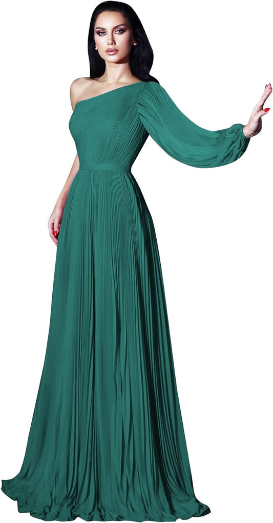 One Shoulder Mother of The Bride Dresses Long Sleeve Formal Dress Chiffon Evening Gowns for Women