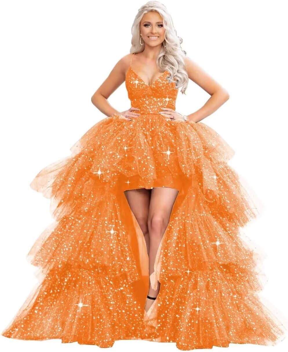 Puffy Sequins Tulle High-Low Prom Dresses for Women 2027, Glitter V Neck Formal Ball Gown Wedding Party Dress