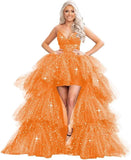 Puffy Sequins Tulle High-Low Prom Dresses for Women 2027, Glitter V Neck Formal Ball Gown Wedding Party Dress