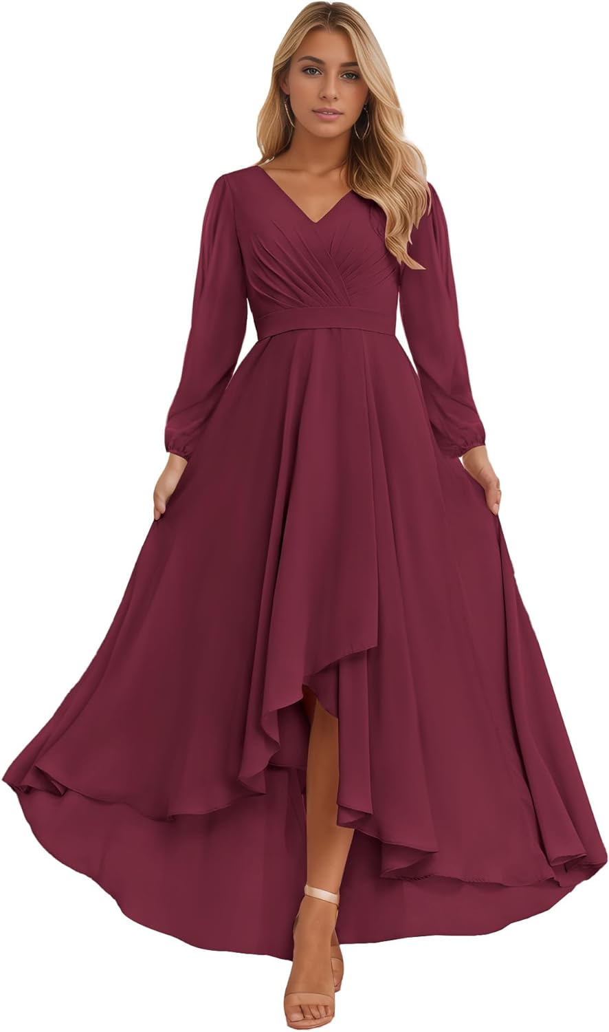 Long Sleeve Bridesmaid Dresses for Women 2025 V Neck Ruched Chiffon Formal Dress