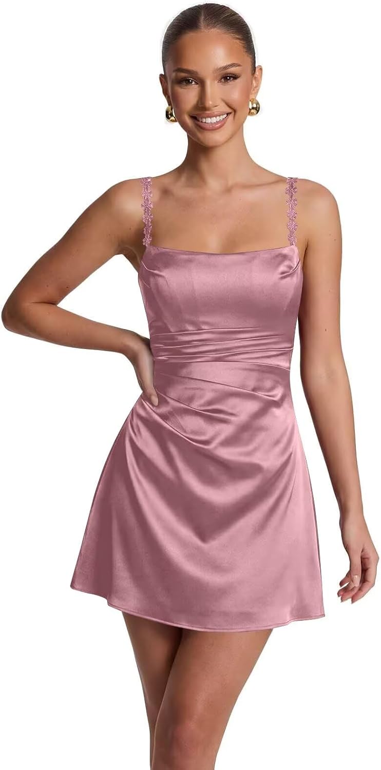 Satin Homecoming Dresses for Teens 2026 Spaghetti Straps Short Prom Dress A-line Pleated Cocktail Party Gowns