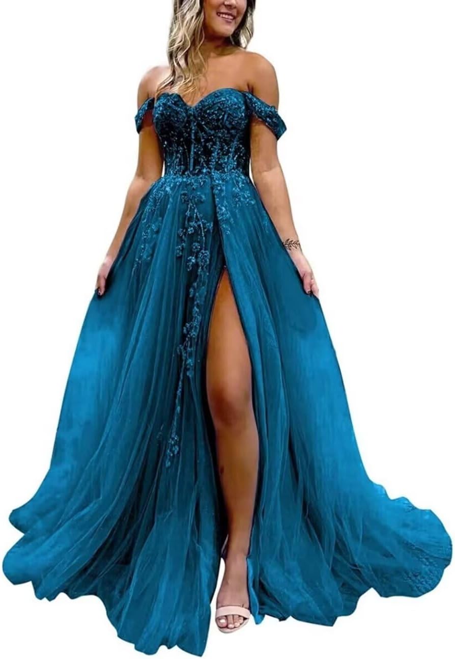 Off The Shoulder Tulle Prom Dress with Laces Applique A-line Slit Long Ball Gowns Glitter Formal Evening Dress
