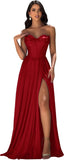 Strapless Prom Dress with Slit Satin A Line Long Ball Gowns for Women Sweetheart Corset Formal Dress with Pockets