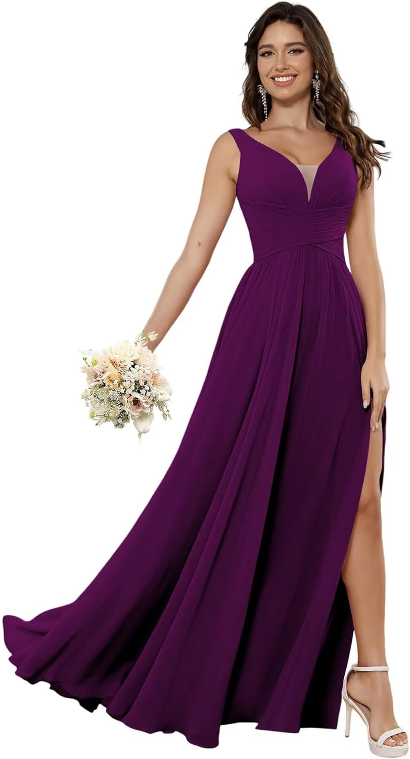 Vestidos de dama de honor sencillos de gasa para mujer con bolsillos, vestidos formales largos con escote en V y abertura 