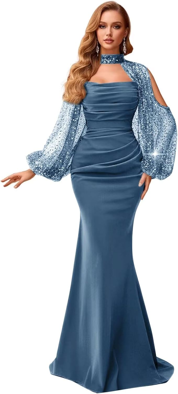 Kingbridal Gowns Long Sleeve Prom Dresses 2026 Mermaid Satin Formal Dress for Women Sparkly Sequin Halter Neck Evening Party Gowns