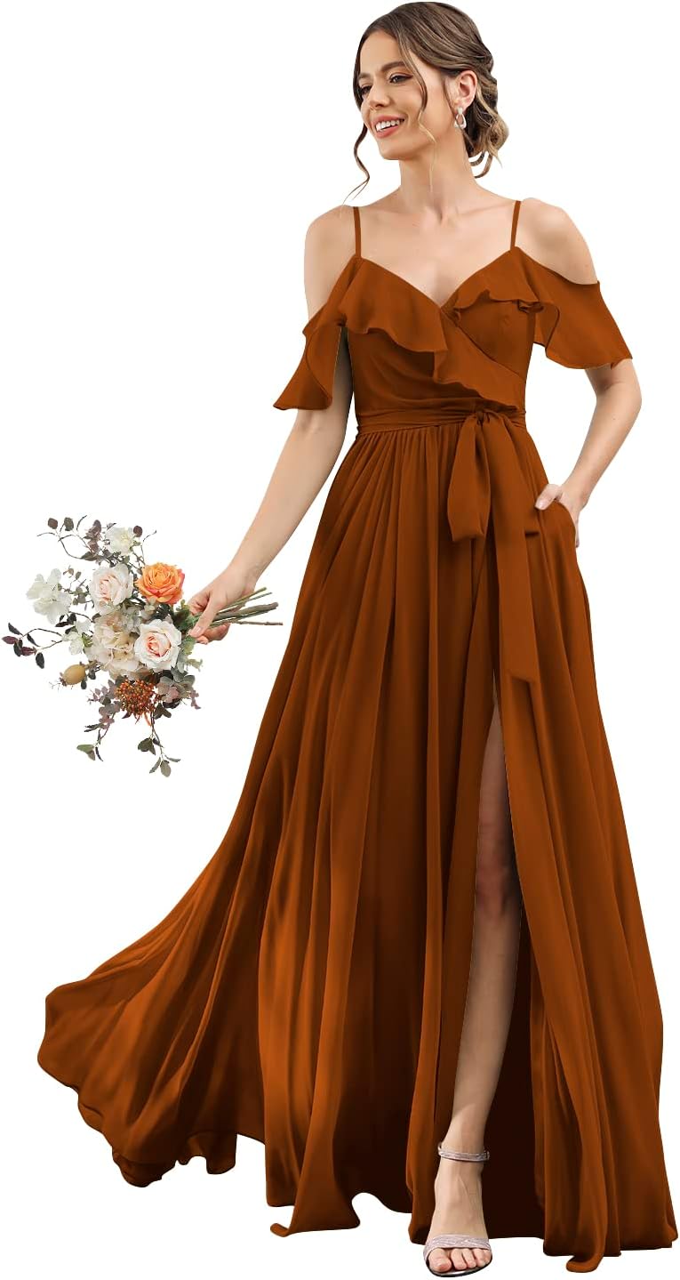 Women's Bridesmaid Dresses with Slit Long Cold Shoulder Chiffon Formal Party Dress with Pockets
