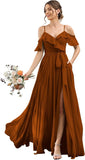 Women's Bridesmaid Dresses with Slit Long Cold Shoulder Chiffon Formal Party Dress with Pockets