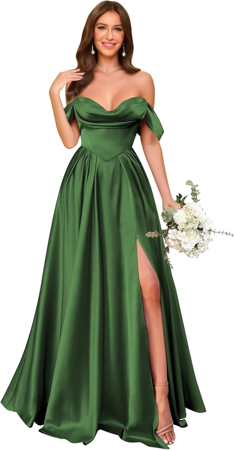 Off Shoulder Satin Bridesmaid Dresses Long Pleated Formal Dresses A Line Evening Gowns with Slit