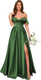 Off Shoulder Satin Bridesmaid Dresses Long Pleated Formal Dresses A Line Evening Gowns with Slit