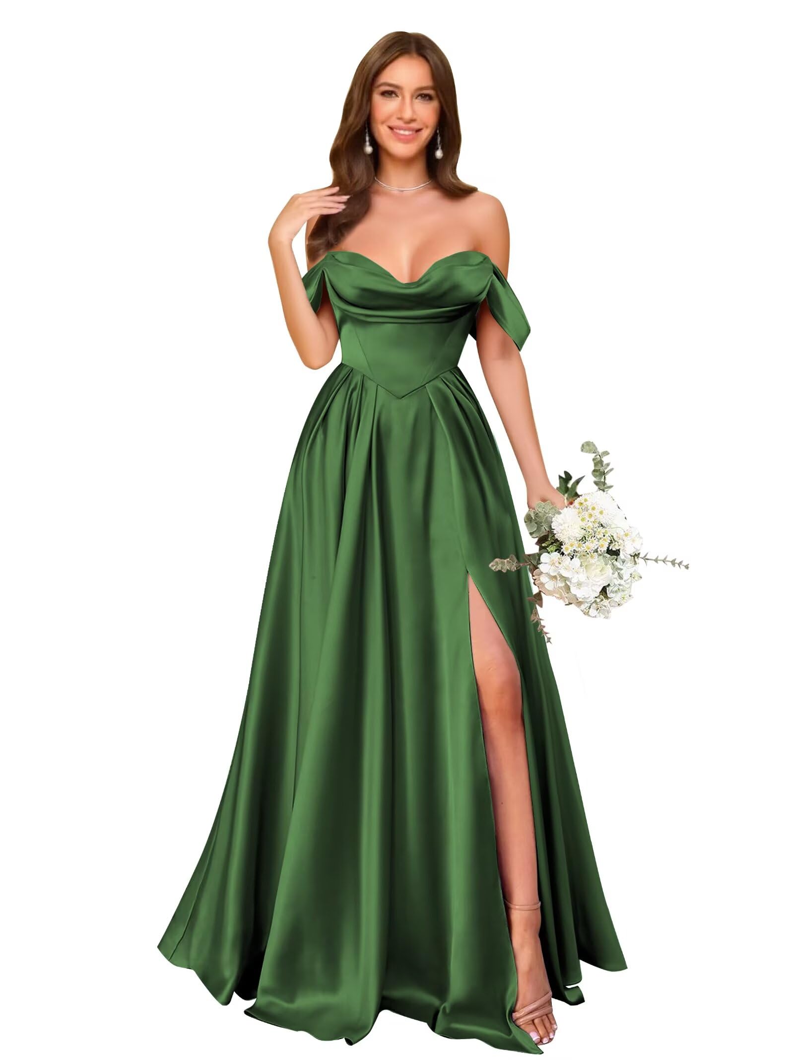 Off Shoulder Satin Bridesmaid Dresses Long Pleated Formal Dresses A Line Evening Gowns with Slit