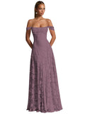 Off The Shoulder Bridesmaid Dresses Long for Women Formal Evening Gown Lace Wedding Guest Dress