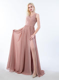 Vestidos de dama de honor largos con escote en V y abertura en gasa, corte A, plisados, para noche, fiesta formal