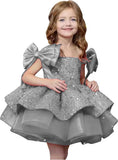 Sparkly Sequin Puffy Flower Dresses Short Girls A Line Princess Bow Knot Birthday Party Dress