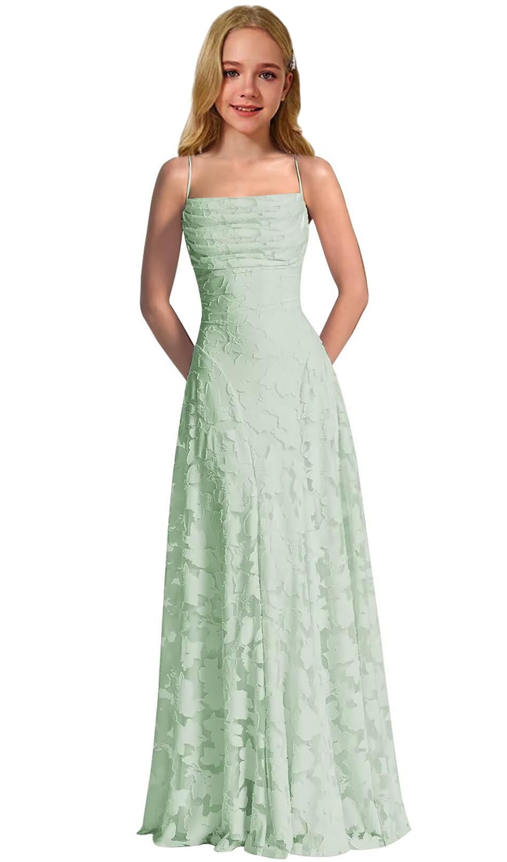 Lace Floral Junior Bridesmaid Dresses Long Spaghetti Strap Prom Dress for Teens Formal Gown Flower Girls Dress