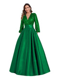 Satin Mother of Bride Dresses Long for Women Sequin Long Sleeve Evening Gown with Pockets
