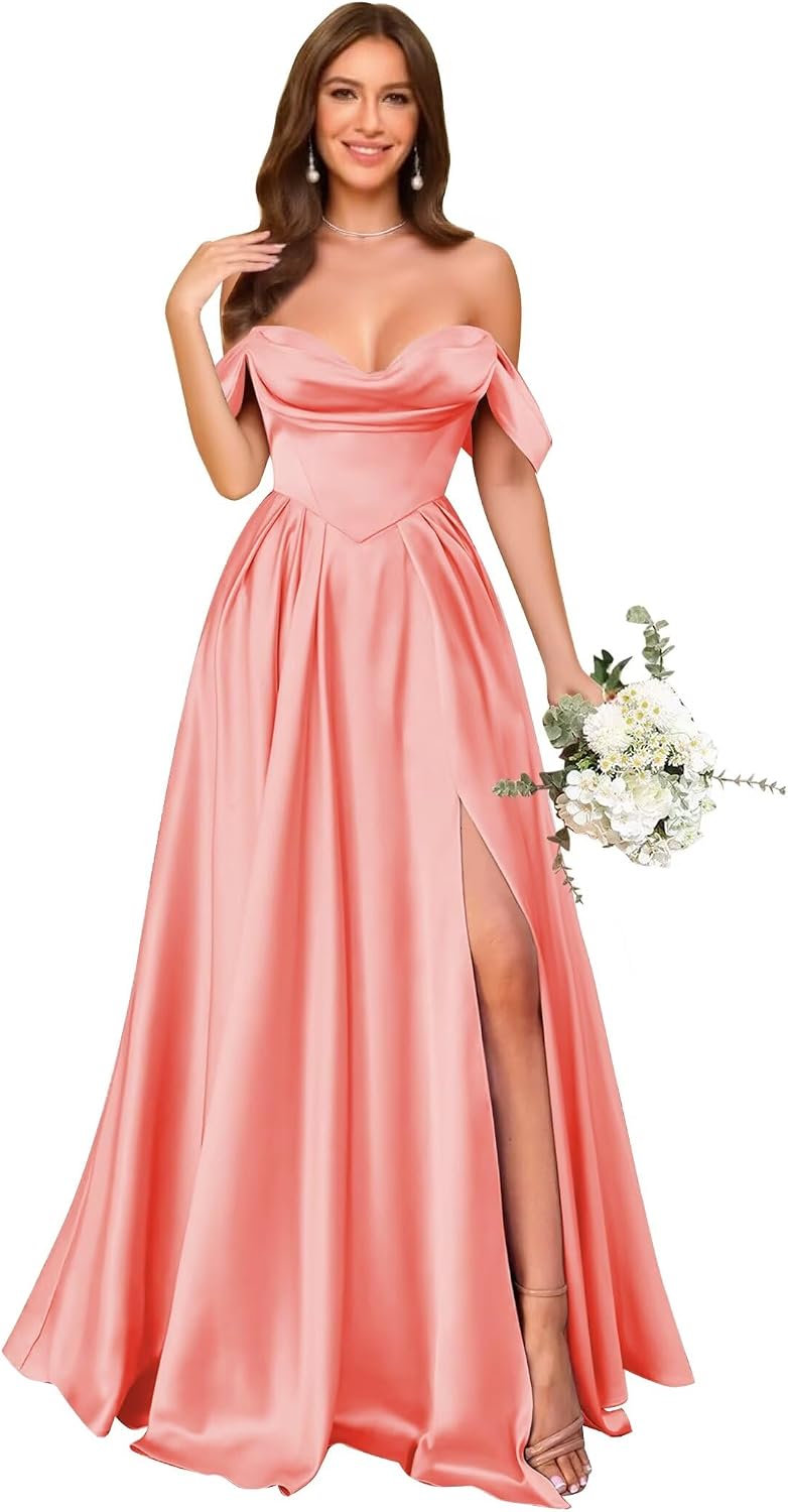 Off Shoulder Satin Bridesmaid Dresses Long Pleated Formal Dresses A Line Evening Gowns with Slit