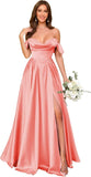 Off Shoulder Satin Bridesmaid Dresses Long Pleated Formal Dresses A Line Evening Gowns with Slit