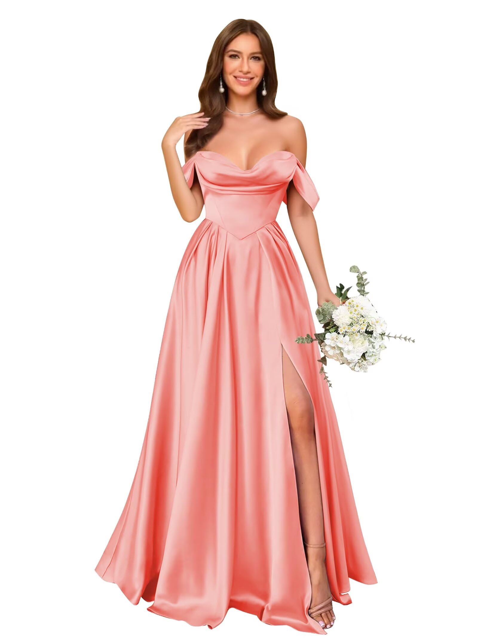 Off Shoulder Satin Bridesmaid Dresses Long Pleated Formal Dresses A Line Evening Gowns with Slit