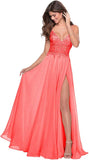 Women's Lace Appliqued Chiffon Prom Dresses Long with Slit Spaghetti Straps V Neck Formal Party Gowns