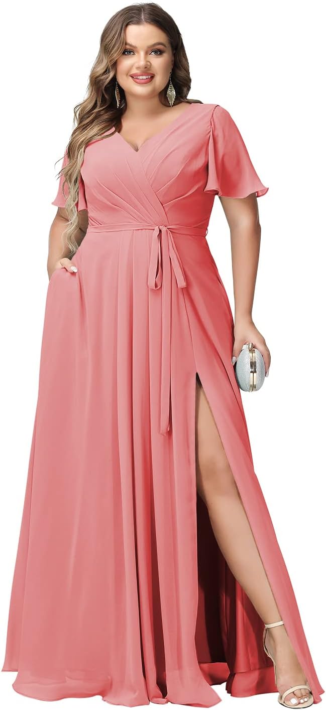 Plus Size Bridesmaid Dresses with Pockets V Neck Chiffon Flutter Sleeves Formal Evening Gowns with Slit