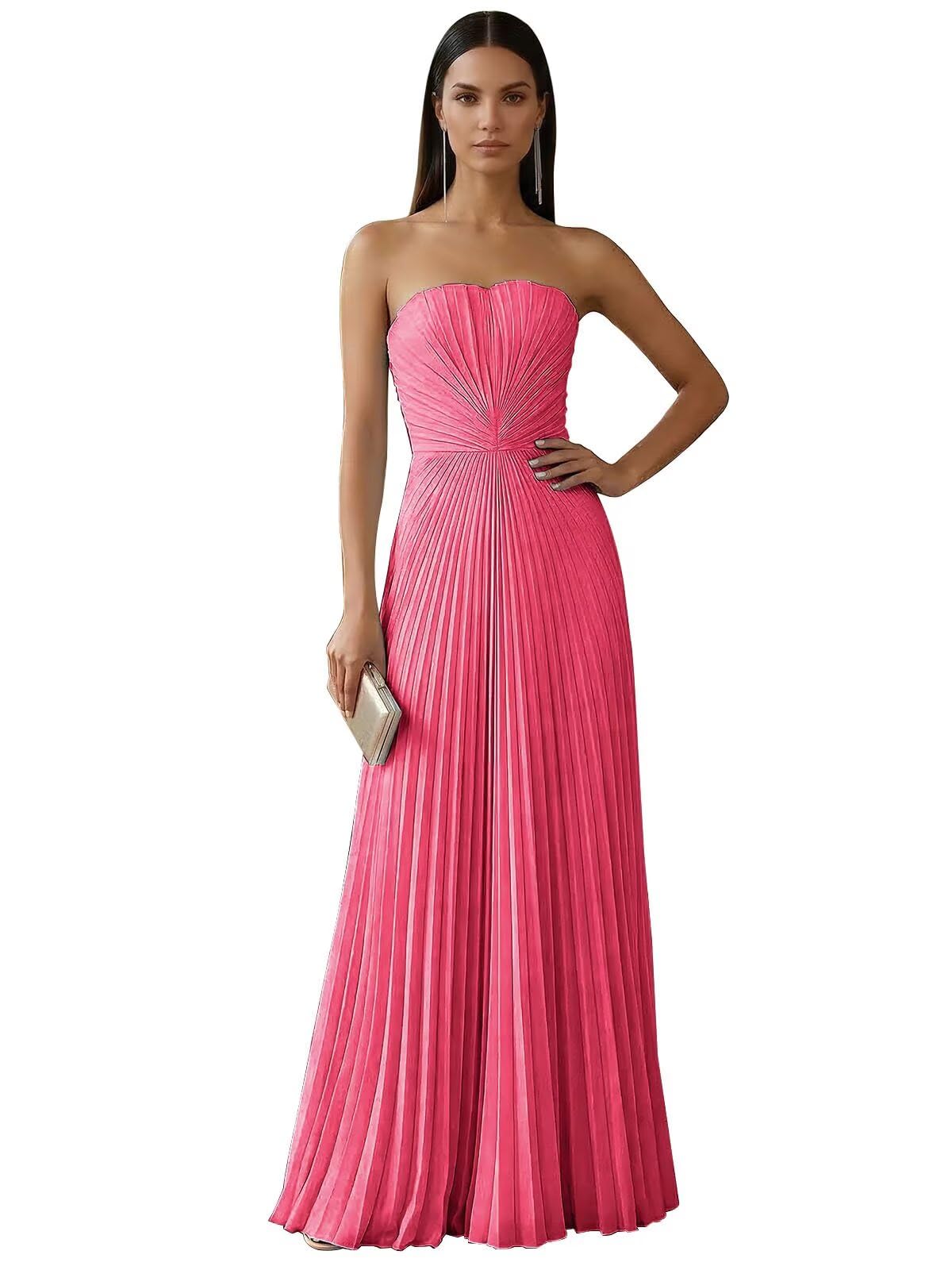 Ruched Strapless Prom Dresses for Women Long A Line Cocktail Dress Pleated Chiffon Formal Wedding Guest Dress