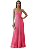 Strapless Prom Dresses for Women Long A Line Cocktail Dress Pleated Chiffon Formal Wedding Guest Dress