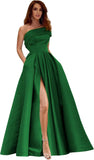 Women's One Shoulder Prom Dresses Long Satin Side Slit Formal Evening Gowns with Pockets