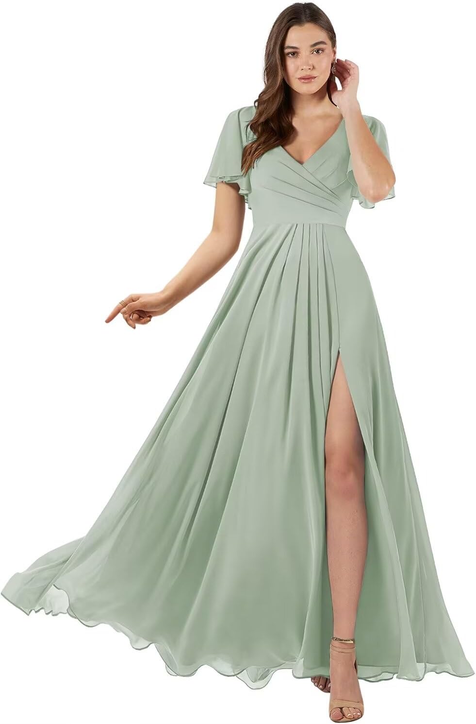 Damen Brautjungfernkleider mit Flatterärmeln, lang, mit Schlitz, V-Ausschnitt, Chiffon, formelle Kleider 