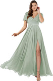 Damen Brautjungfernkleider mit Flatterärmeln, lang, mit Schlitz, V-Ausschnitt, Chiffon, formelle Kleider 