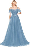 Off Shoulder Tulle Ball Gowns for Women Lace Appliques Beaded Prom Dress Sparkly Long A-line Evening Gowns