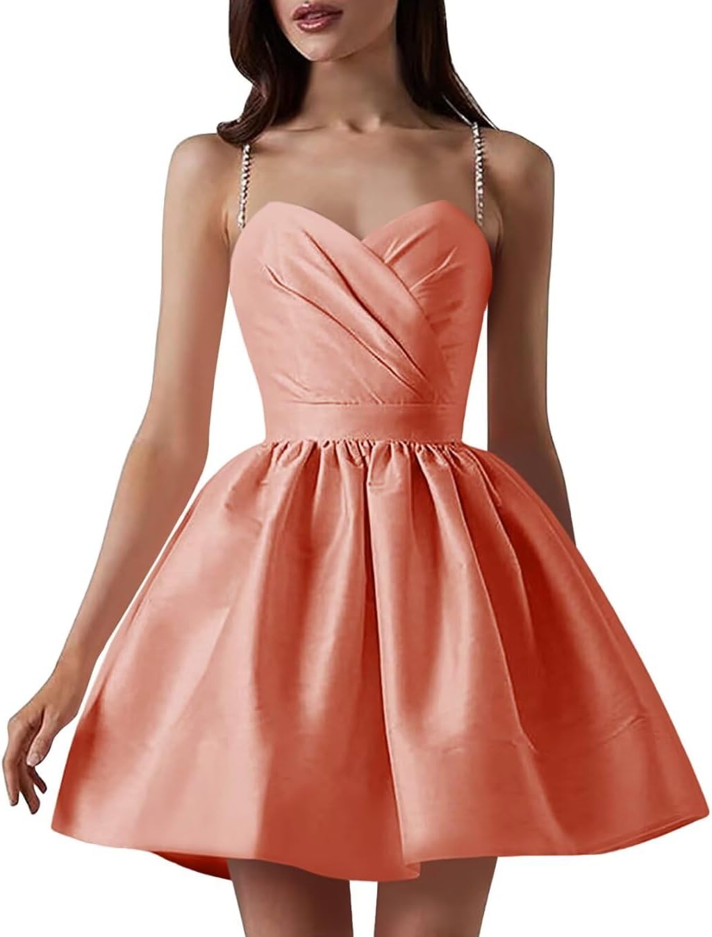 Satin Homecoming Dresses for Teens Spaghetti Straps Short Prom Dress A-Line Cocktail Wedding Guest Dress