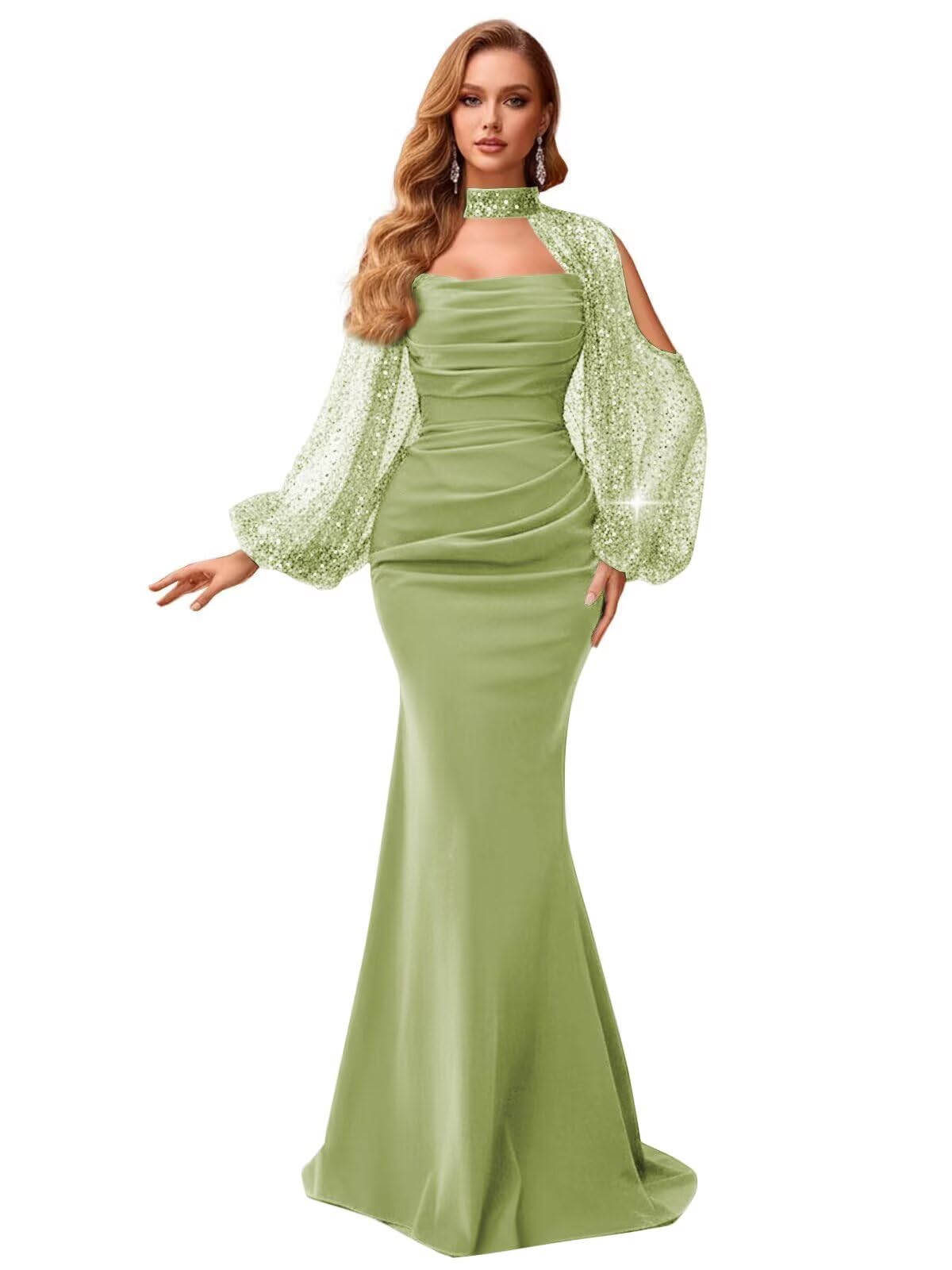 Kingbridal Gowns Long Sleeve Prom Dresses 2026 Mermaid Satin Formal Dress for Women Sparkly Sequin Halter Neck Evening Party Gowns