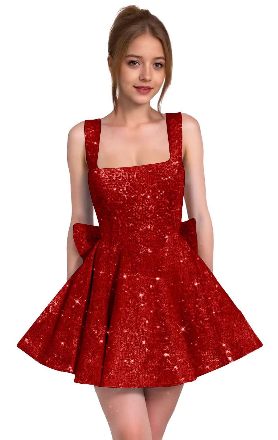 Sparkly Sequin Homecoming Dresses for Teens Short Prom Dress Square Neck Bow Formal Cocktail Gowns with Pockets